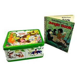 Disney 1966 Aladdin Jungle Book Embossed Metal Lunchbox w/Thermos & Golden Book.